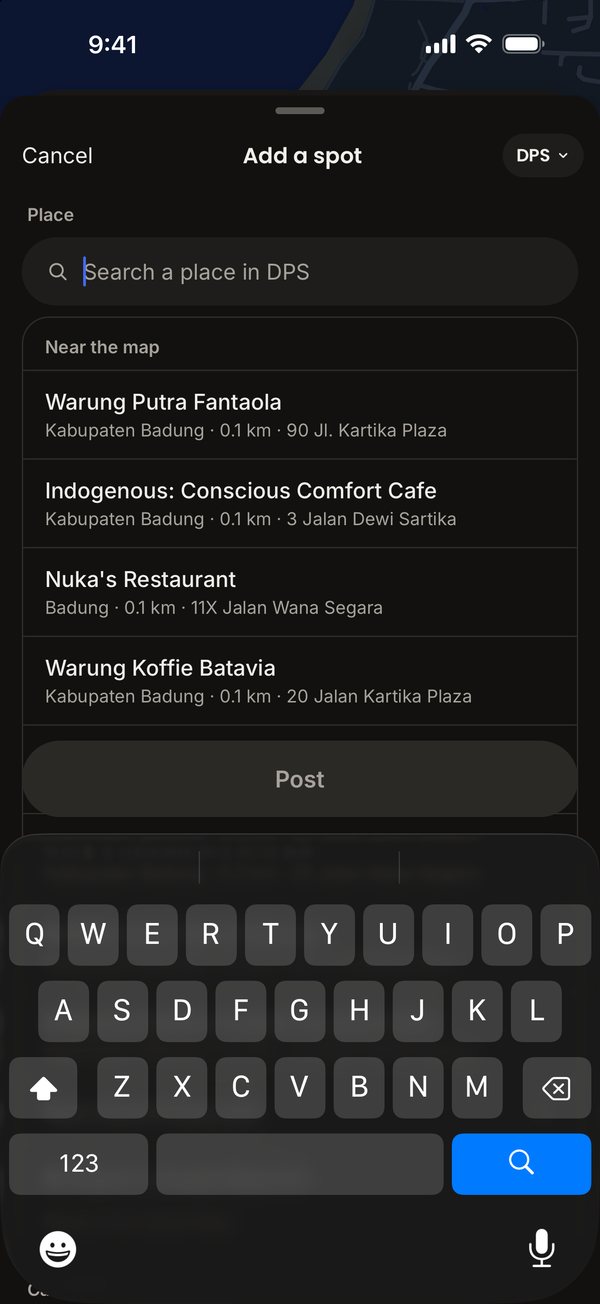 Add a spot in Bali: the places near the map, nearest first, with the search box above