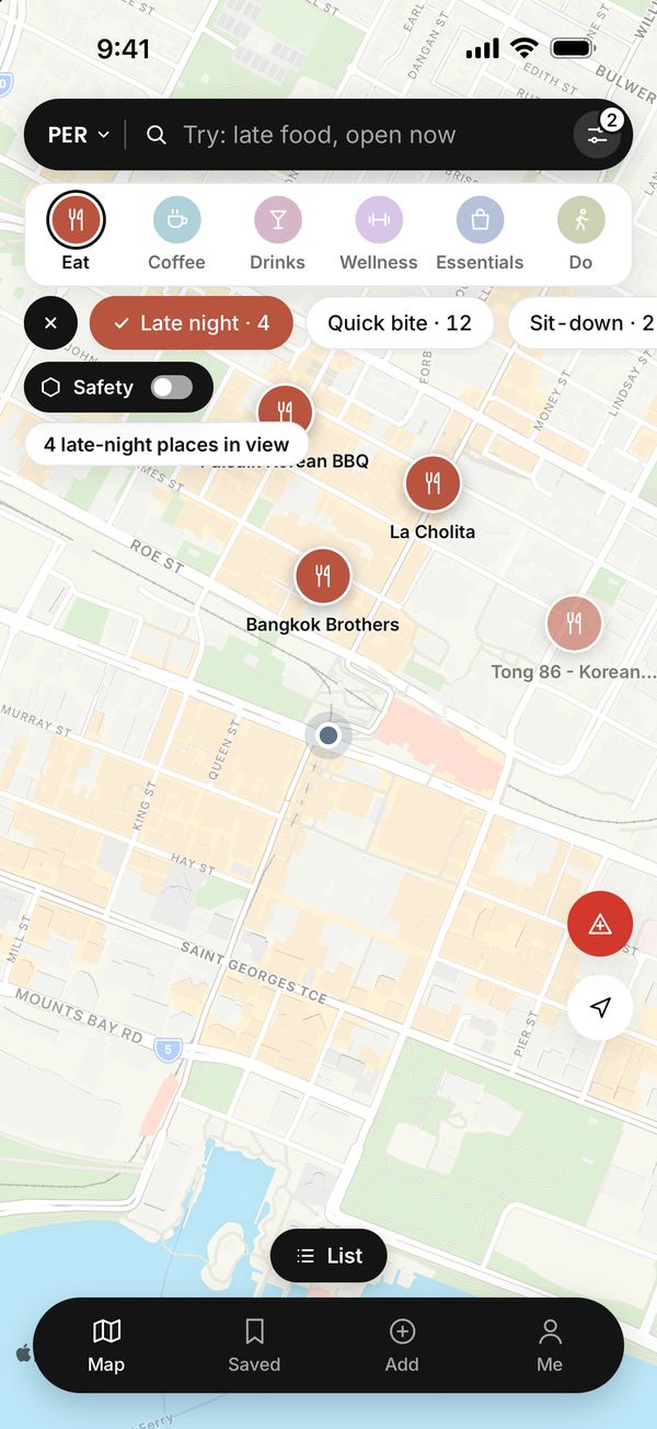 The map in Perth with Eat and Late night picked