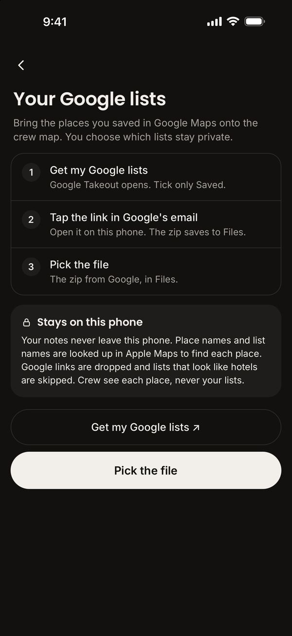 Your Google lists: bring saved places in from Google Maps, kept on your phone