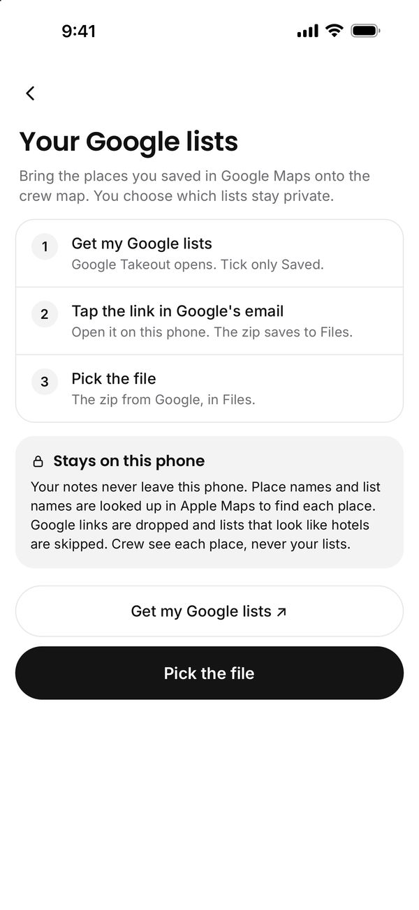 Your Google lists: bring saved places in from Google Maps, kept on your phone