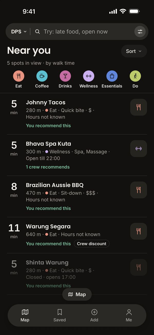 The list in Bali: nearby crew spots sorted by walk time