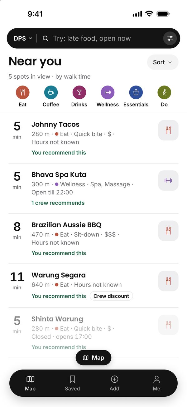 The list in Bali: nearby crew spots sorted by walk time