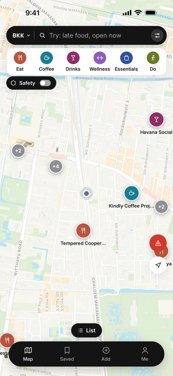 The map in Bangkok with crew spots and walk times from where you are