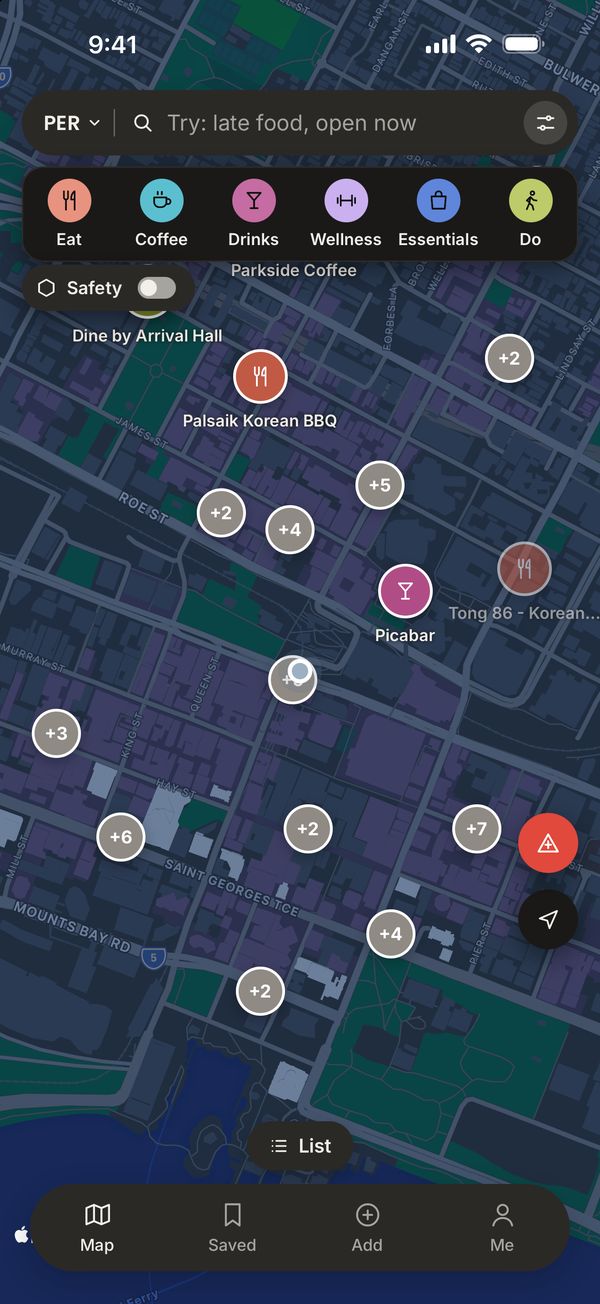 The map in central Perth with crew spots and the six category buttons