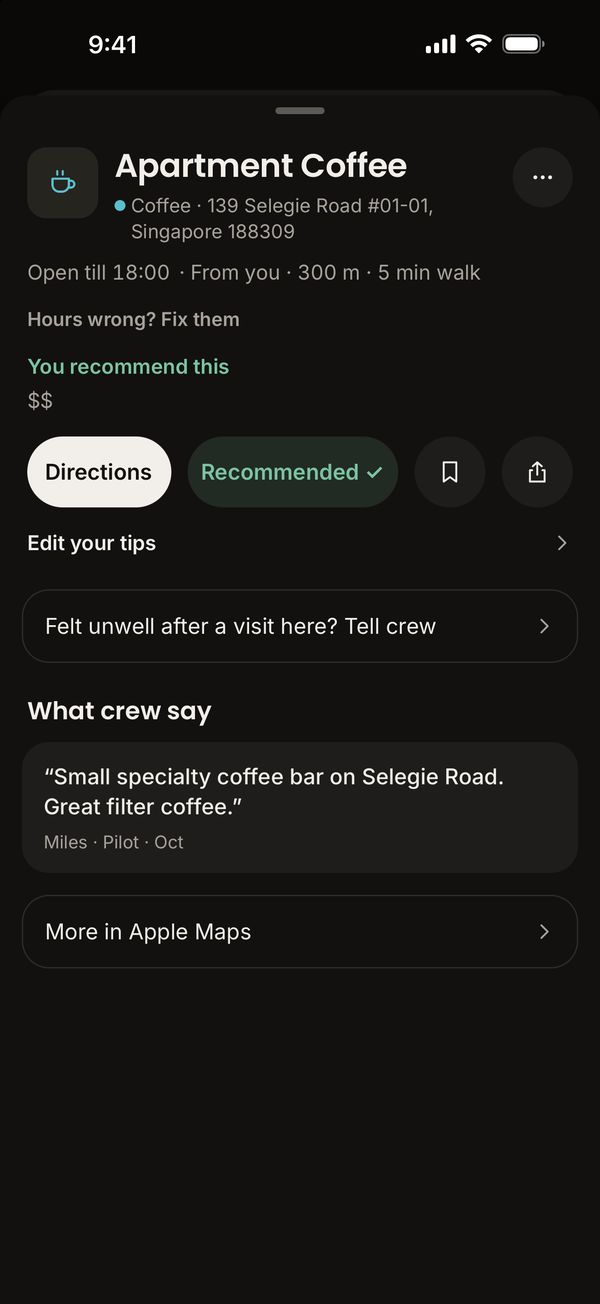 A spot page: Apartment Coffee in Singapore, open till 18:00, 5 min walk, with a crew line