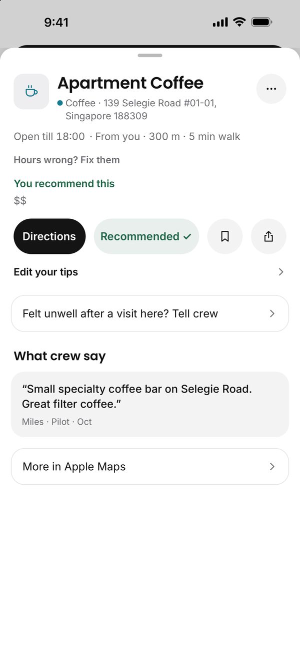 A spot page: Apartment Coffee in Singapore, open till 18:00, 5 min walk, with a crew line