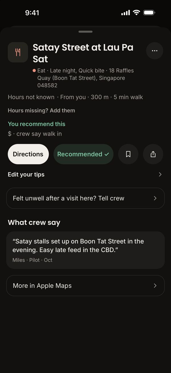 A spot page in Singapore with a crew line about the satay stalls