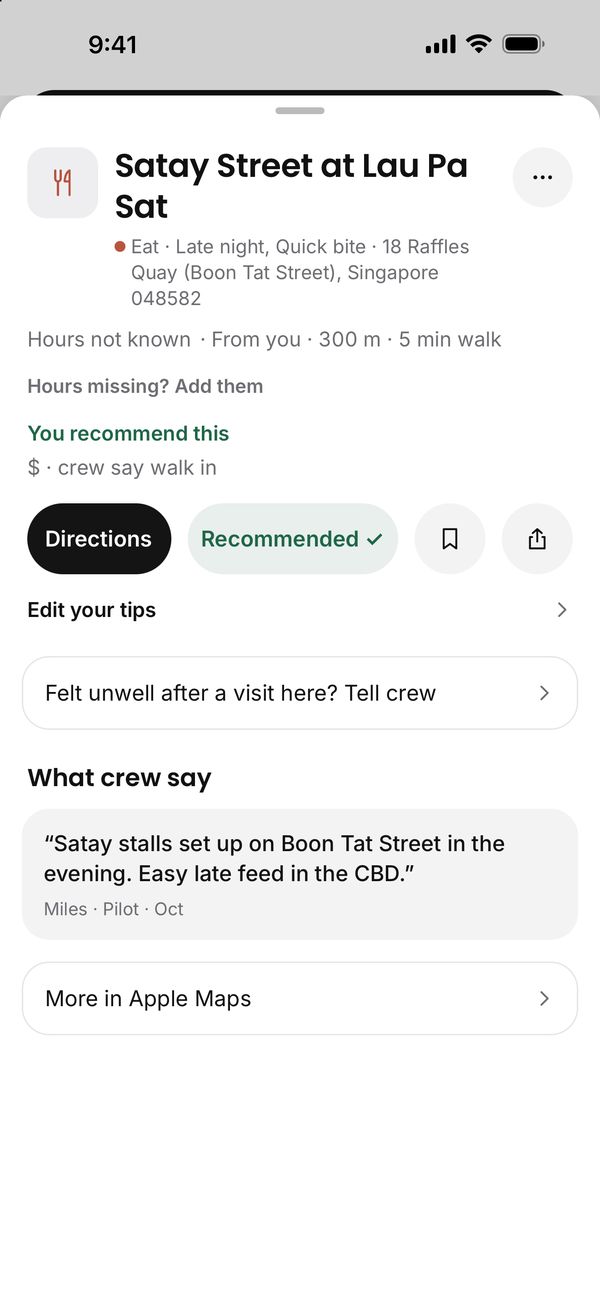 A spot page in Singapore with a crew line about the satay stalls